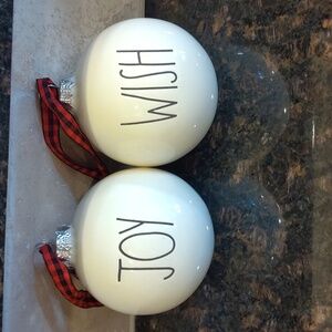 2 Rae Dunn Porcelain Christmas Ball Ornaments WISH & JOY